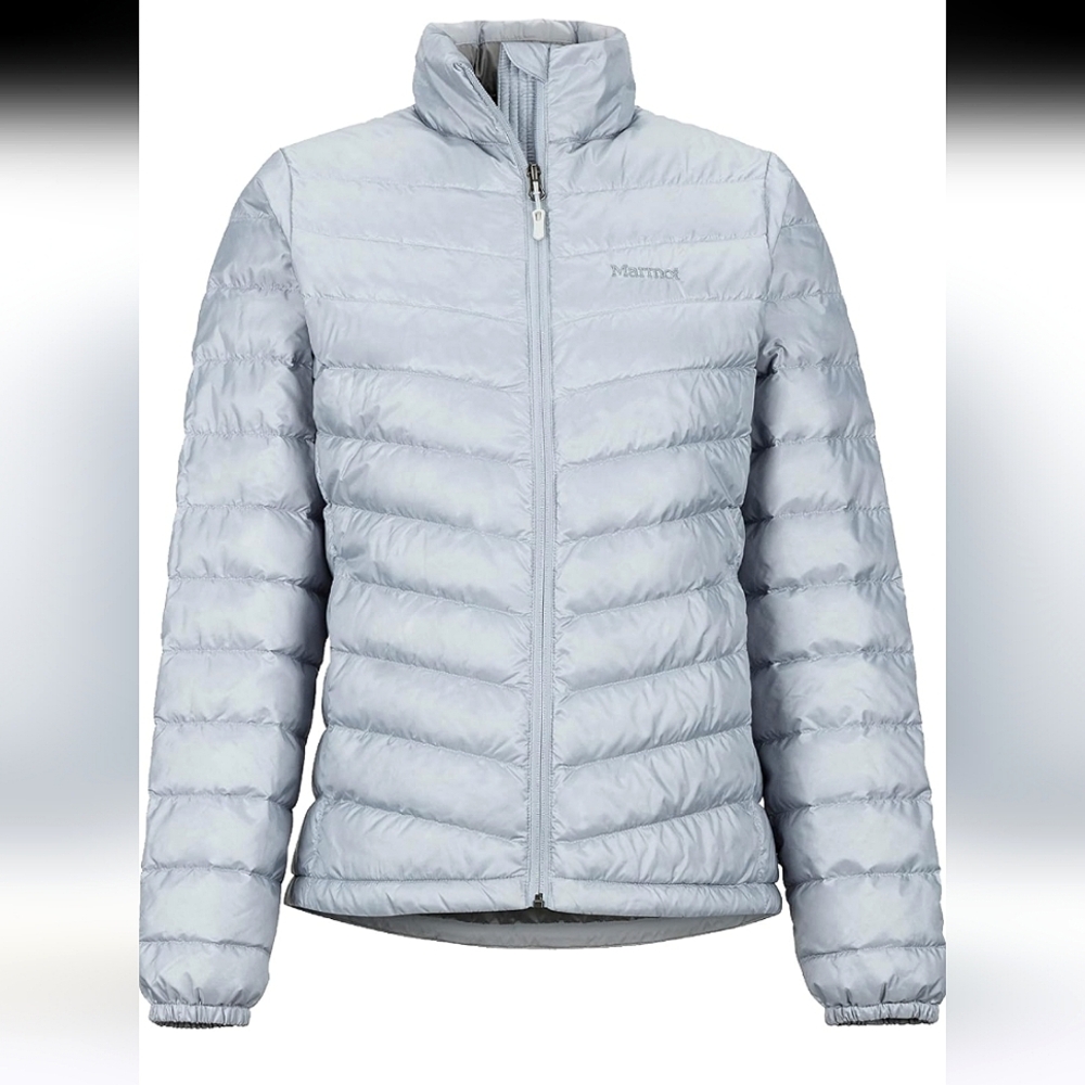 Marmot puffer down fill coat. Baby blue/silver colour.